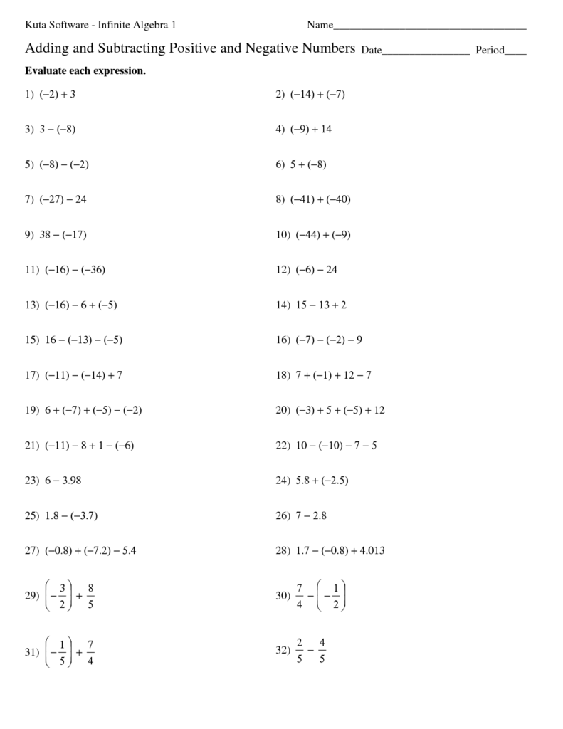 Practice Adding Subtracting Positive Negative Numbers 