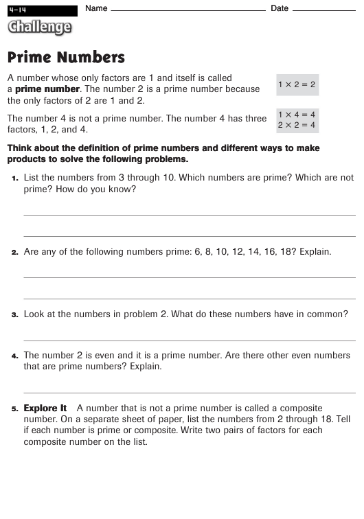 Prime Numbers Worksheet With Answers 4 14 Challenge 