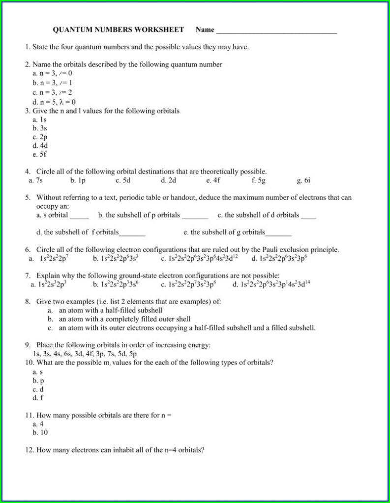 Quantum Numbers Practice Problems Worksheet Answers