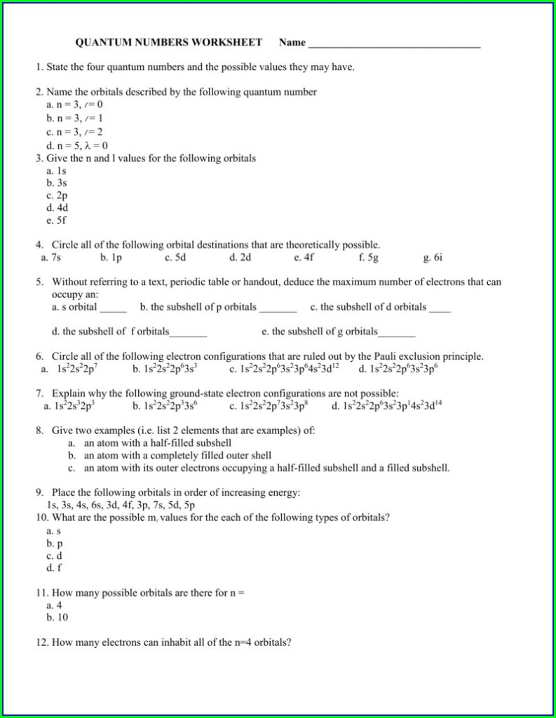 Quantum Numbers Practice Problems Worksheet Answers 