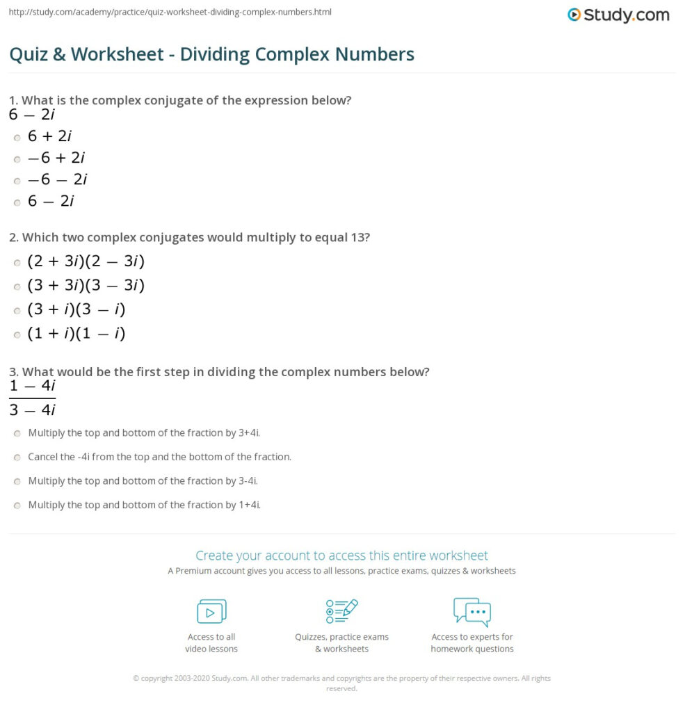Quiz Worksheet Dividing Complex Numbers Study