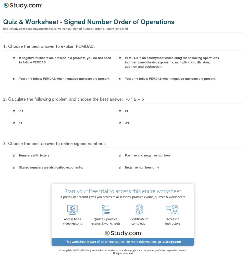 Quiz Worksheet Signed Number Order Of Operations Study 