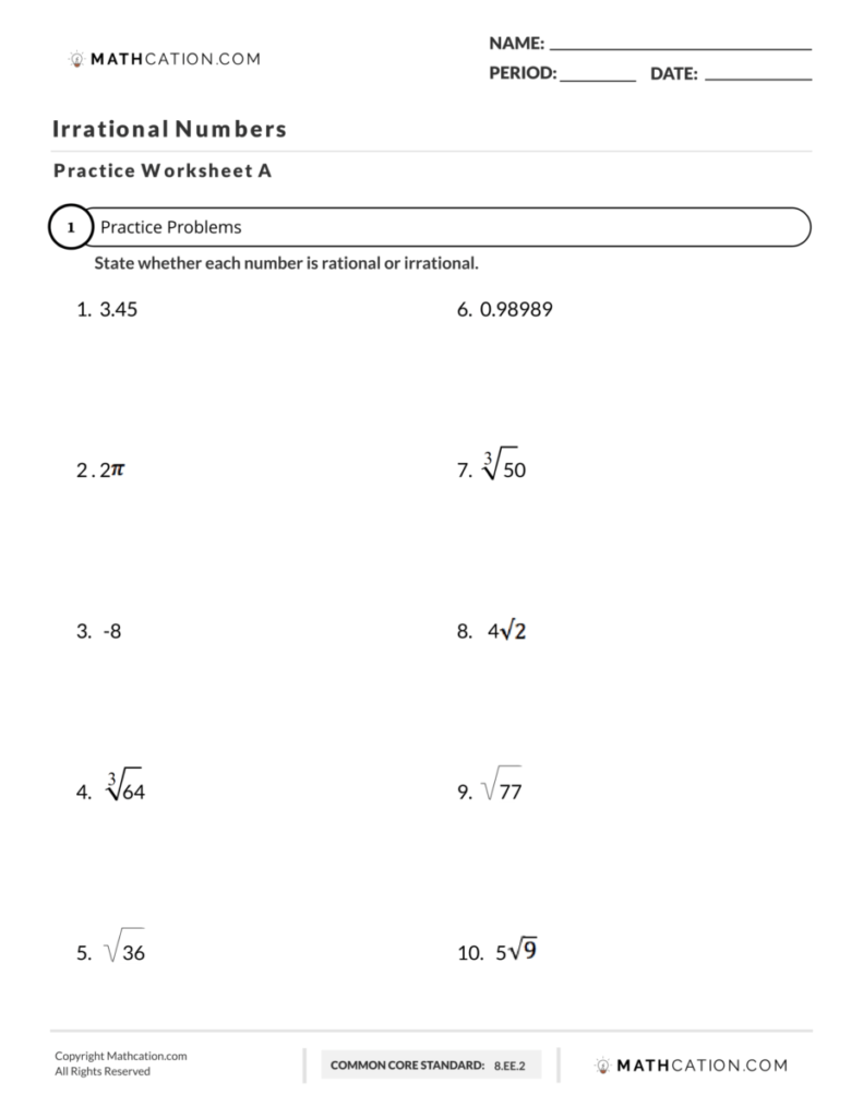 Rational And Irrational Numbers Worksheet Mathcation