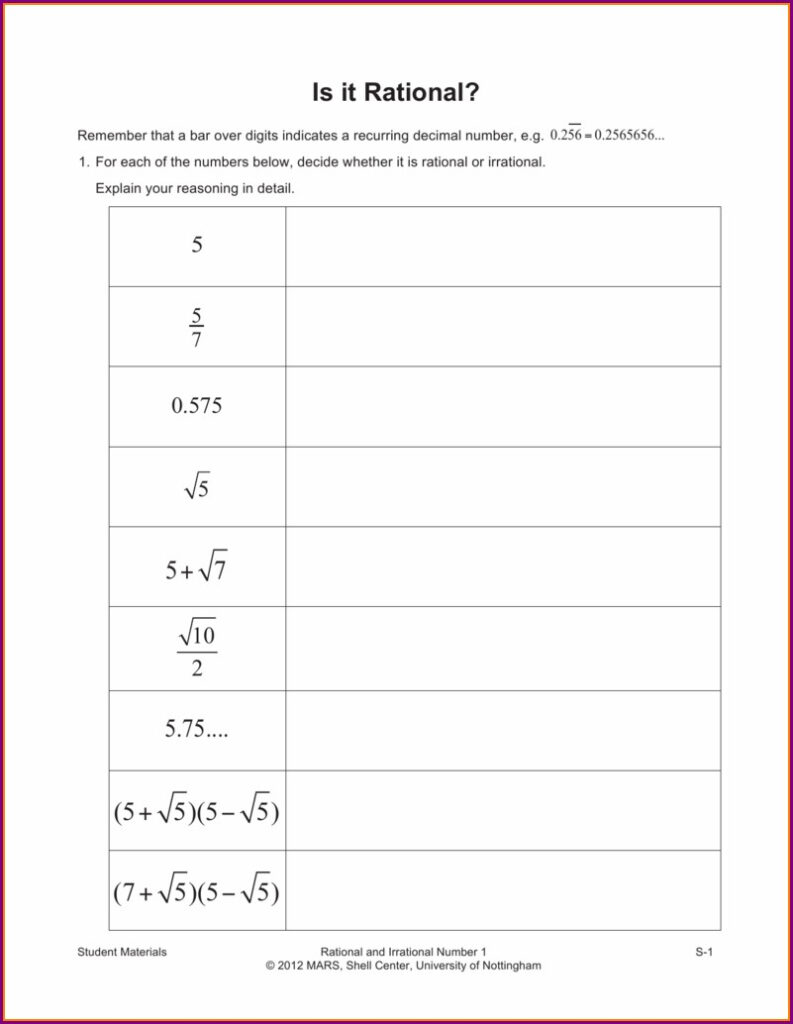 Rational And Irrational Numbers Worksheet With Answers 