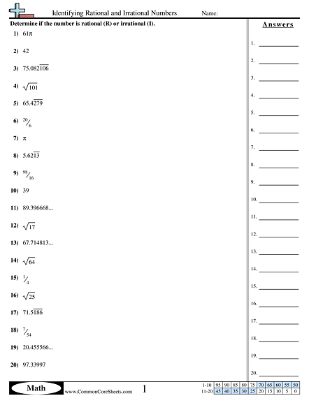Rational Vs Irrational Numbers Worksheets Irrational 