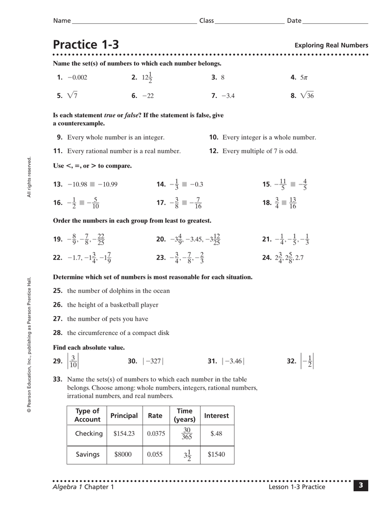 Real Numbers And The Number Line 1 3 Worksheet MISHKANET COM