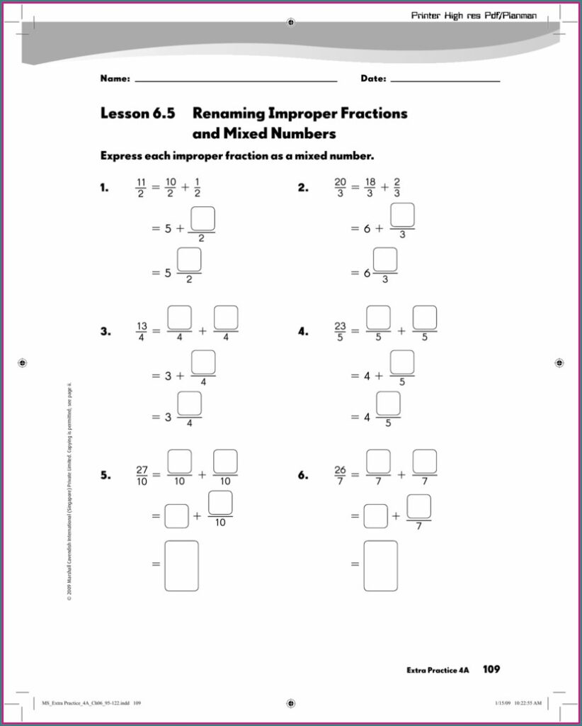 Renaming Improper Fractions And Mixed Numbers Worksheet 