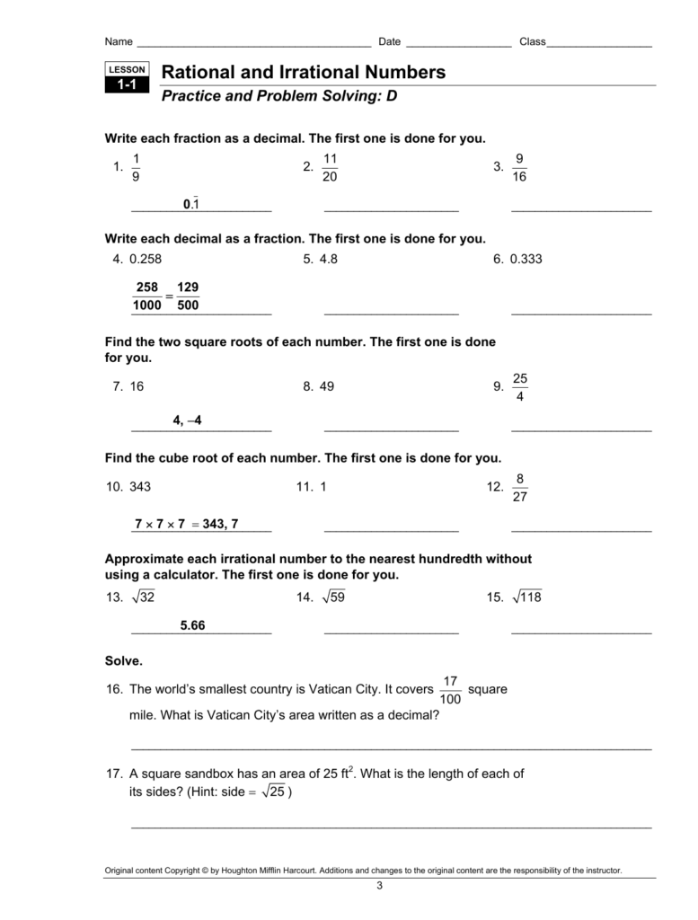 Sets Of Real Numbers Worksheet Lesson 1 2 Answers 