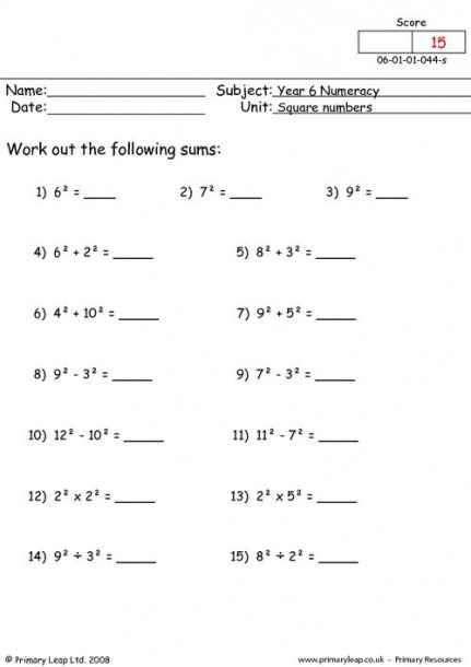 Square Numbers Worksheets
