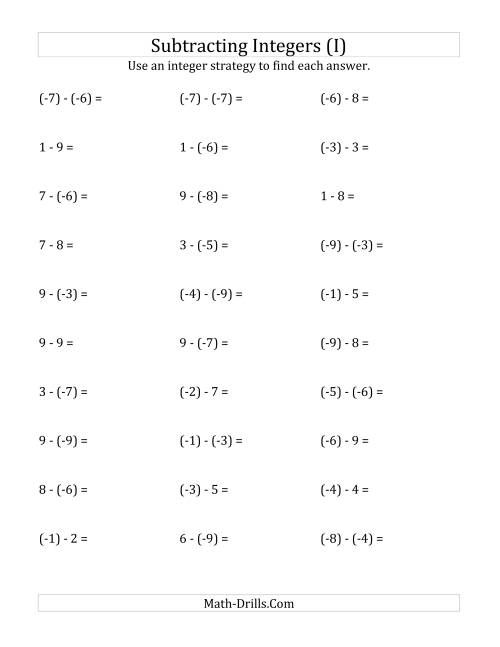 Subtracting Integers From 9 To 9 Negative Numbers 