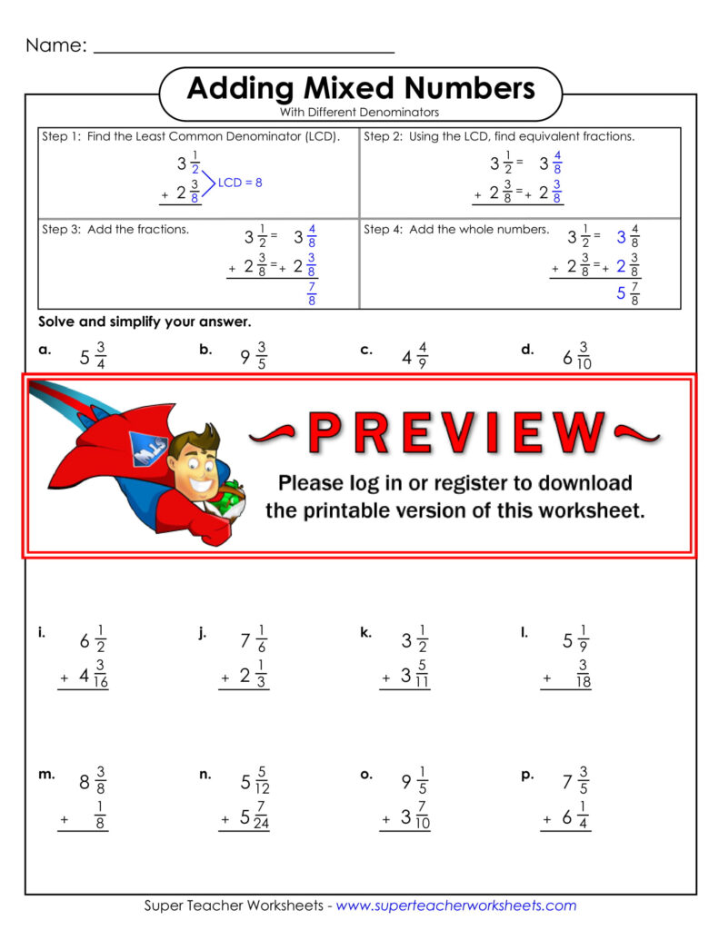 Subtracting Mixed Numbers Worksheet Pdf