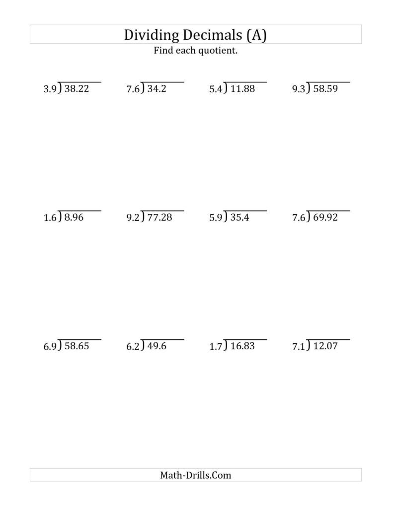 The Dividing Decimals By 2 Digit Tenths A Math Worksheet 