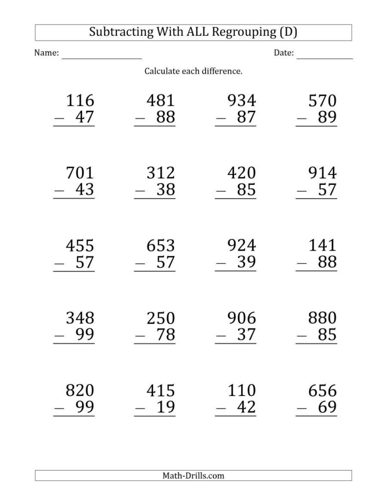 The Large Print Subtracting 2 Digit Numbers With All 