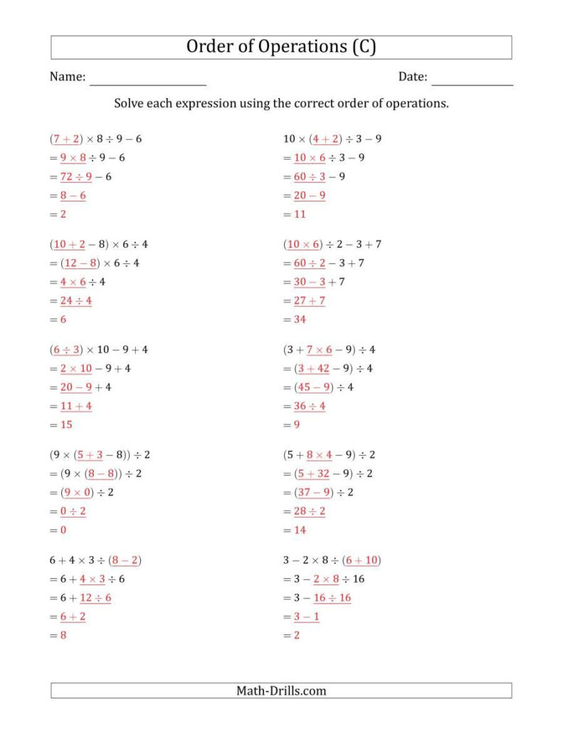 The Order Of Operations With Whole Numbers And No 