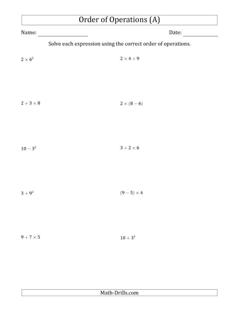 The Order Of Operations With Whole Numbers Two Steps A 