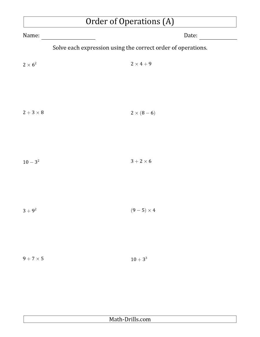 The Order Of Operations With Whole Numbers Two Steps A