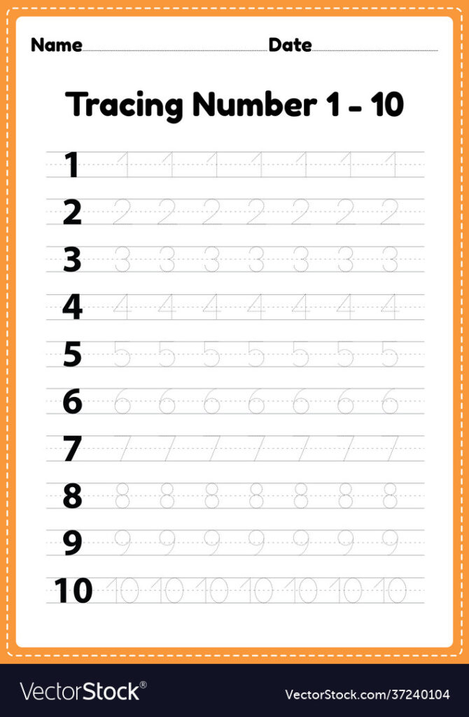 Tracing Number 1 10 Worksheet For Kindergarten Vector Image