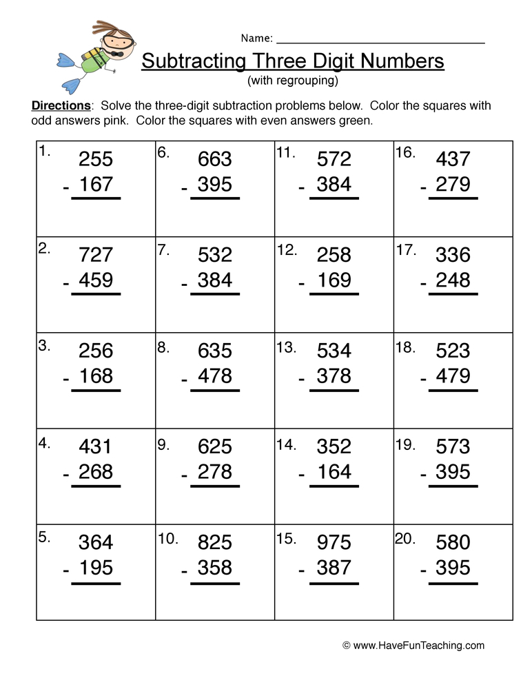 Triple Digit Number Subtraction Regrouping Worksheet 