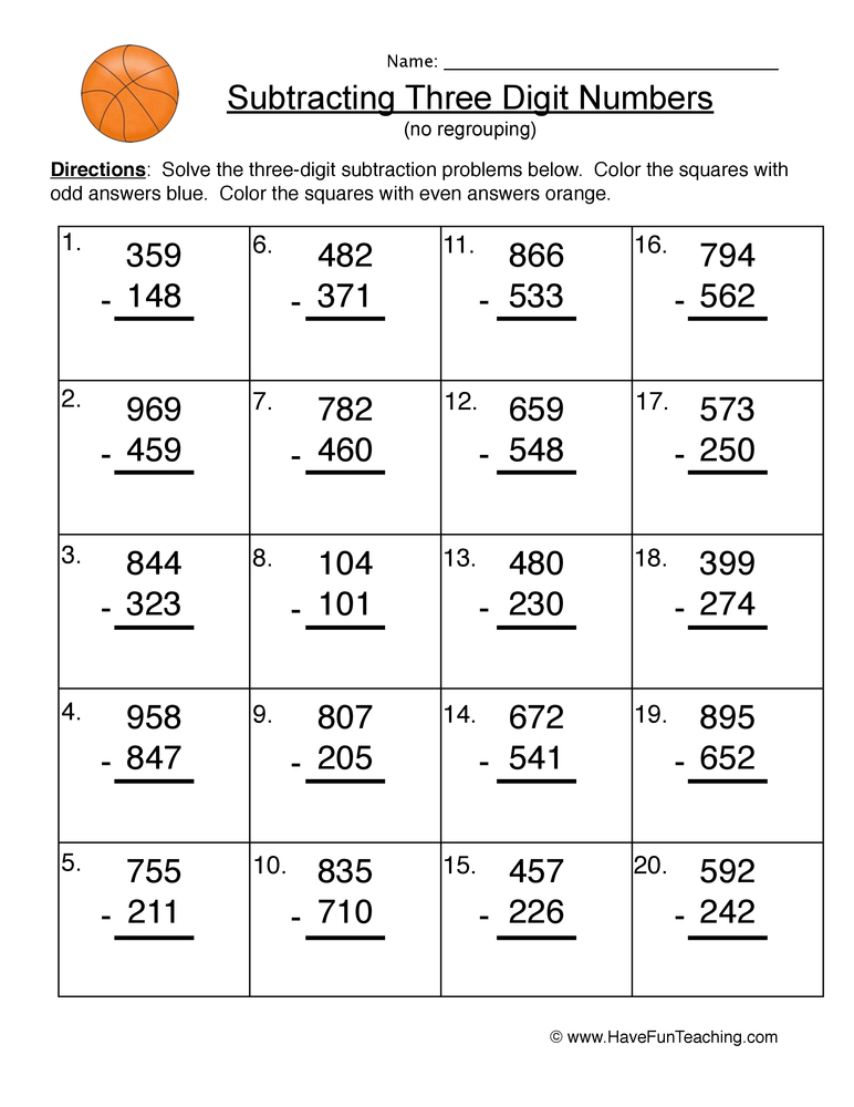 Triple Digit Subtraction No Regrouping Worksheet Have 