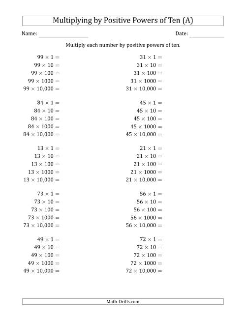 Two Digit Multiplied By Positive Powers Of Ten A Powers 