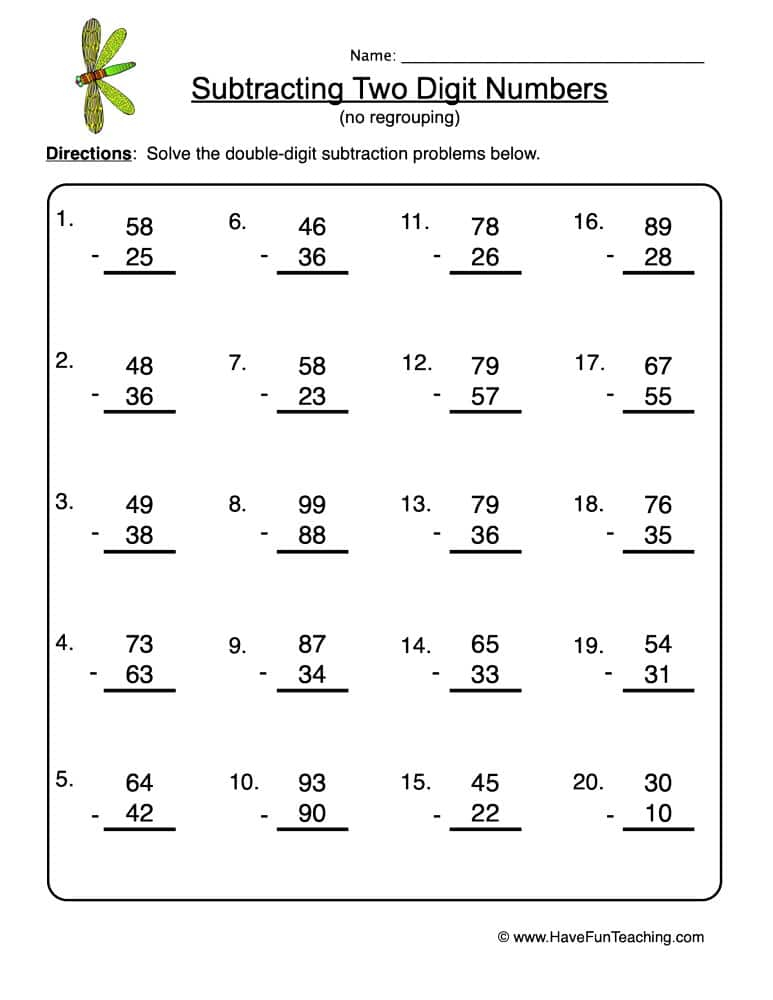 Two Digit Subtraction No Regrouping Worksheet Have Fun 