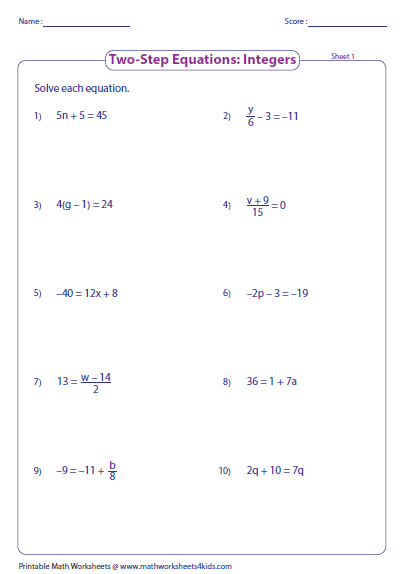 Two step Equations Integers Two Step Equations One 