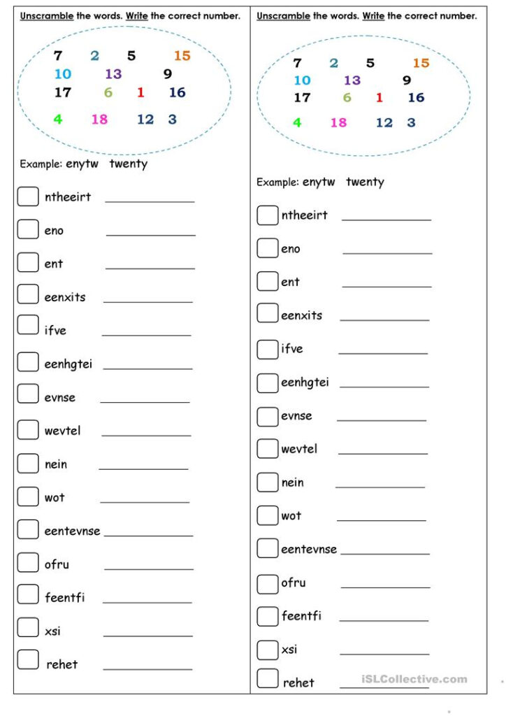 Unscramble The Words And Write The Correct Number 