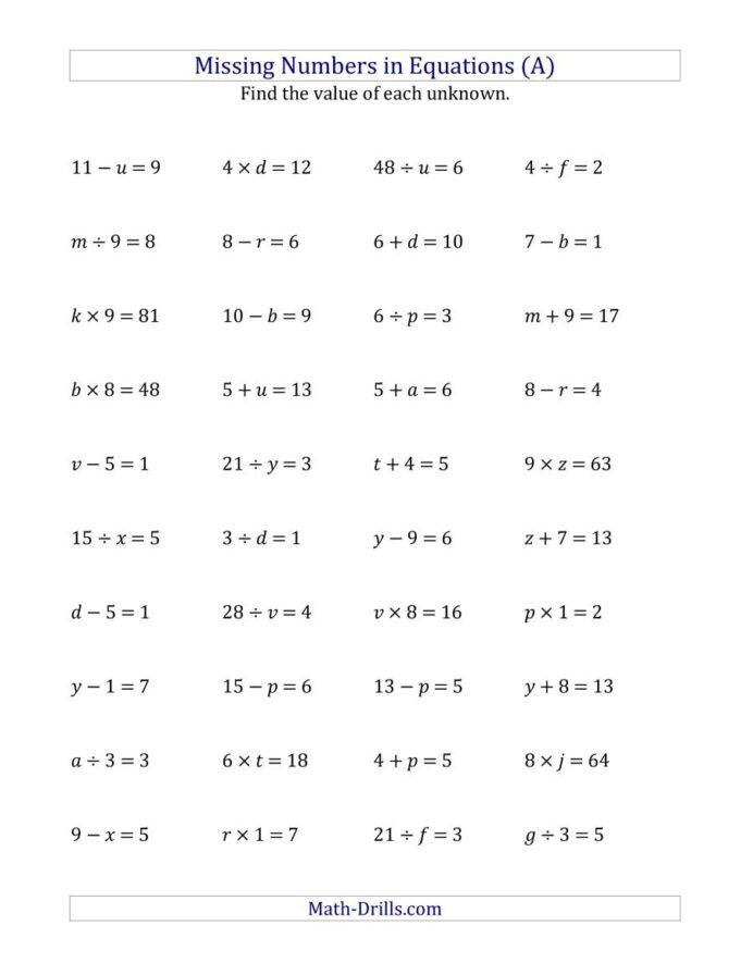 Variables Worksheets 5th Grade Missing Numbers In 
