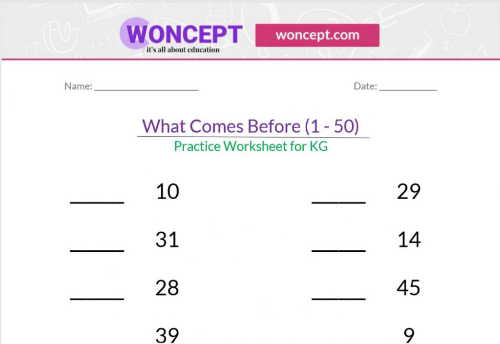 What Comes Before 1 50 Kindergarten Practice Worksheet 
