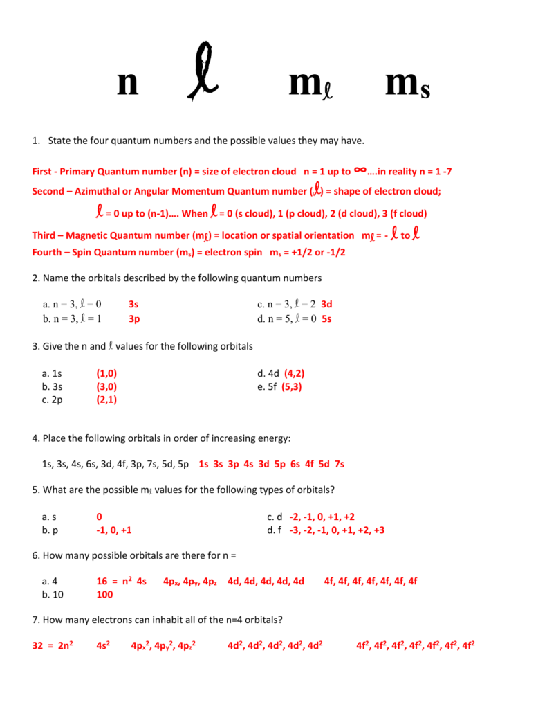 1 5 1 QUANTUM NUMBERS WORKSHEET KEY