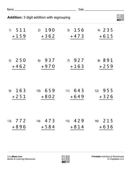 3 Digit Addition Worksheet With Regrouping Set 4 Childrens 