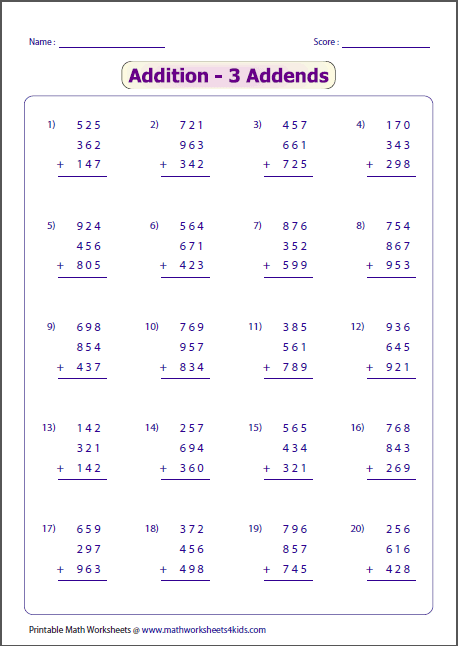 3 Digit Addition Worksheets