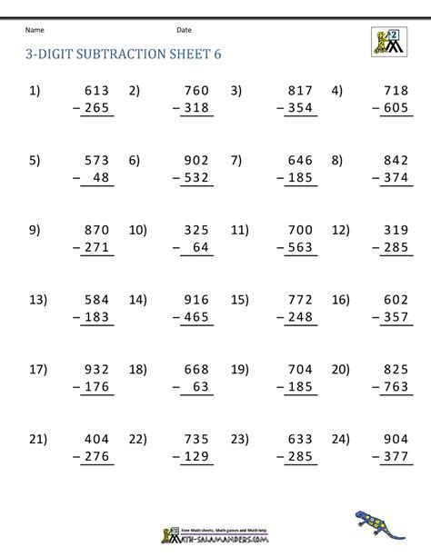 3 digit Subtraction Worksheet With Numbers In 2021 Subtraction 