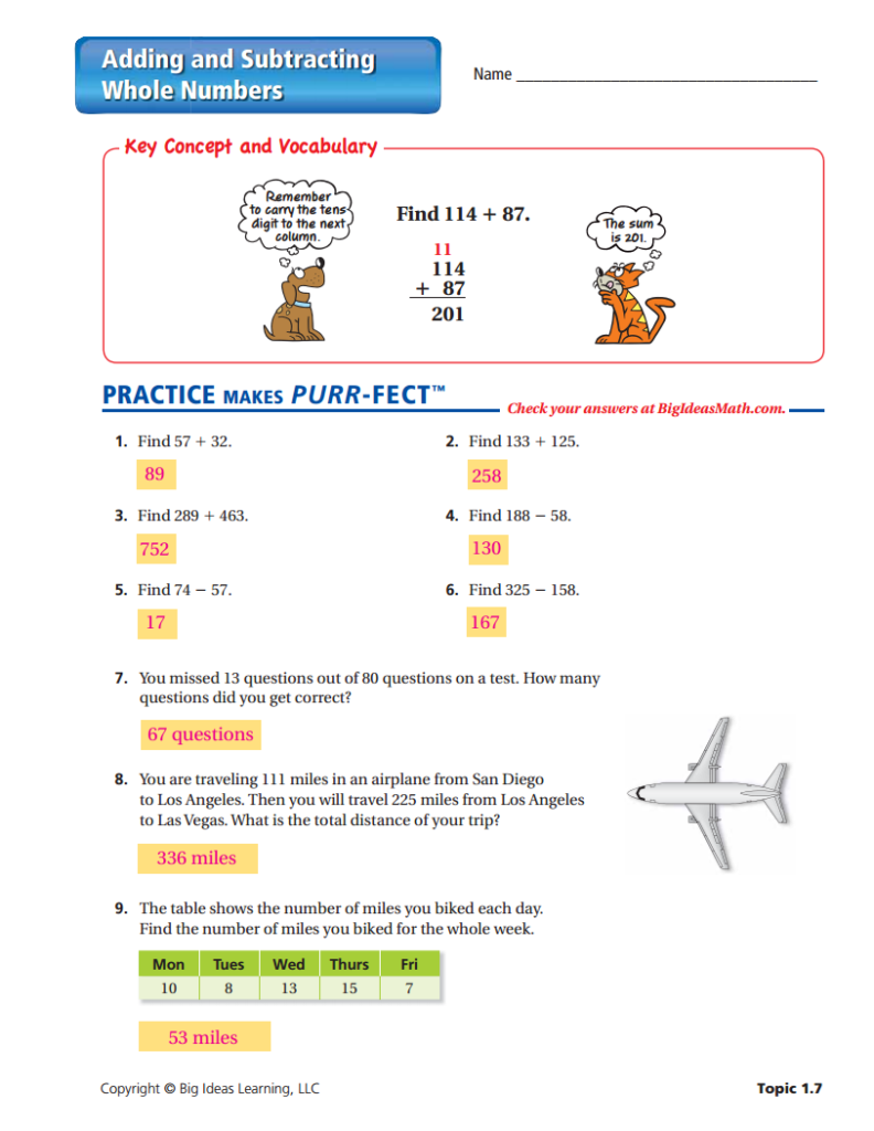 Adding And Subtracting Whole Numbers Worksheet ANSWERS Adding And