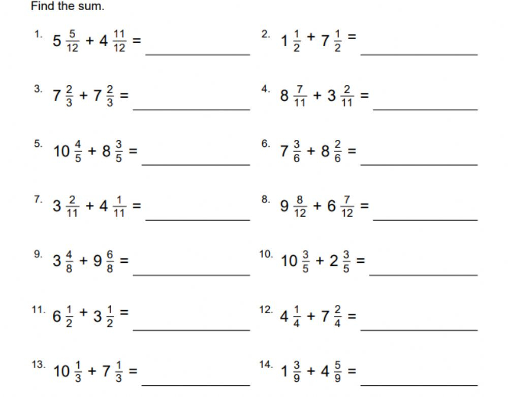 Adding Mixed Numbers Like Denominators Worksheet