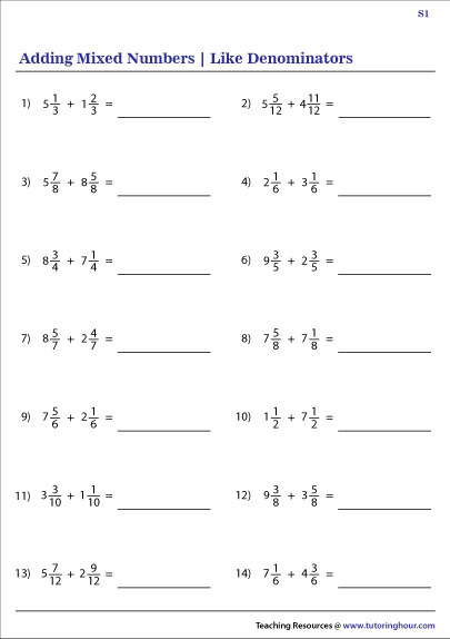 Adding Mixed Numbers With Like Denominators Worksheets