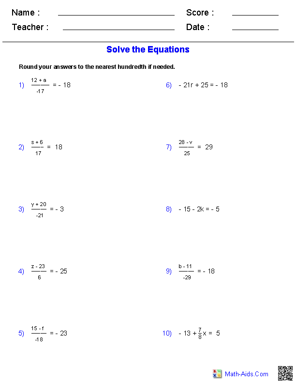 Algebra 1 Worksheets Equations Worksheets