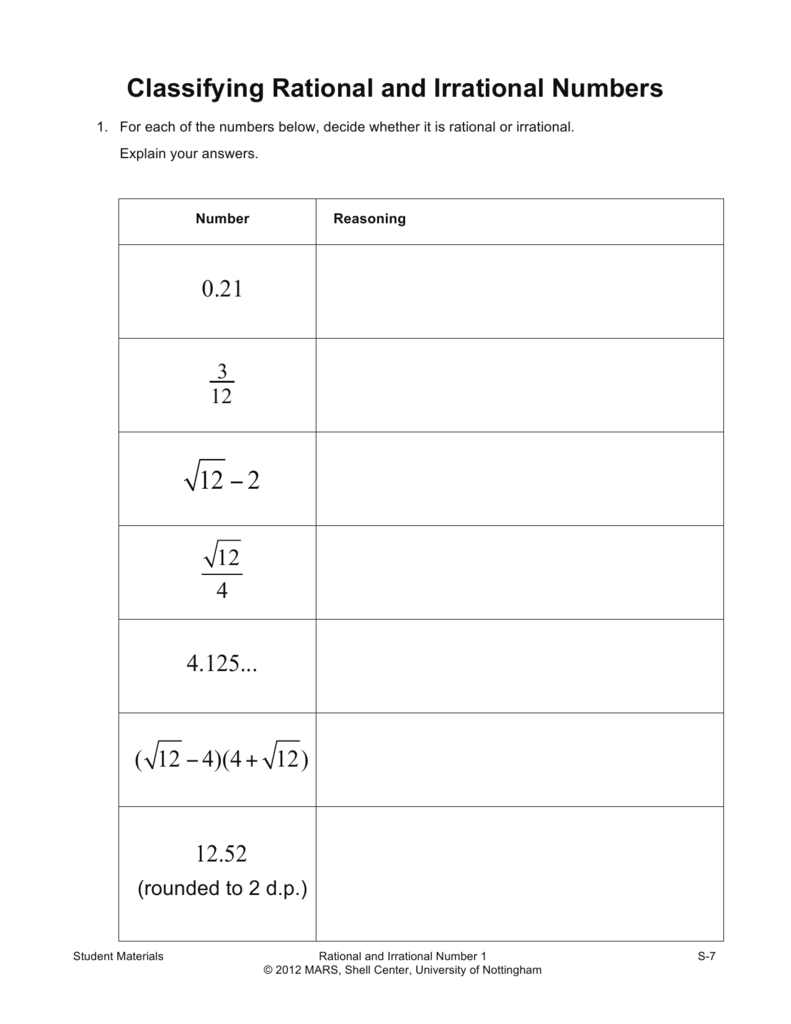 Classifying Rational And Irrational Numbers