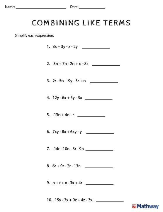 Combining Like Terms Practice Worksheet Pin On Math Combining Like