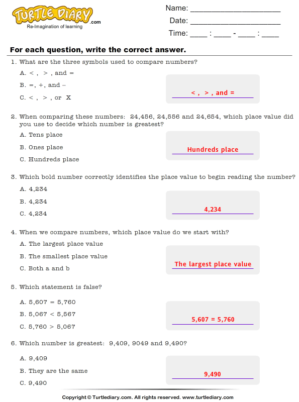 Comparing And Ordering Numbers Worksheet Turtle Diary