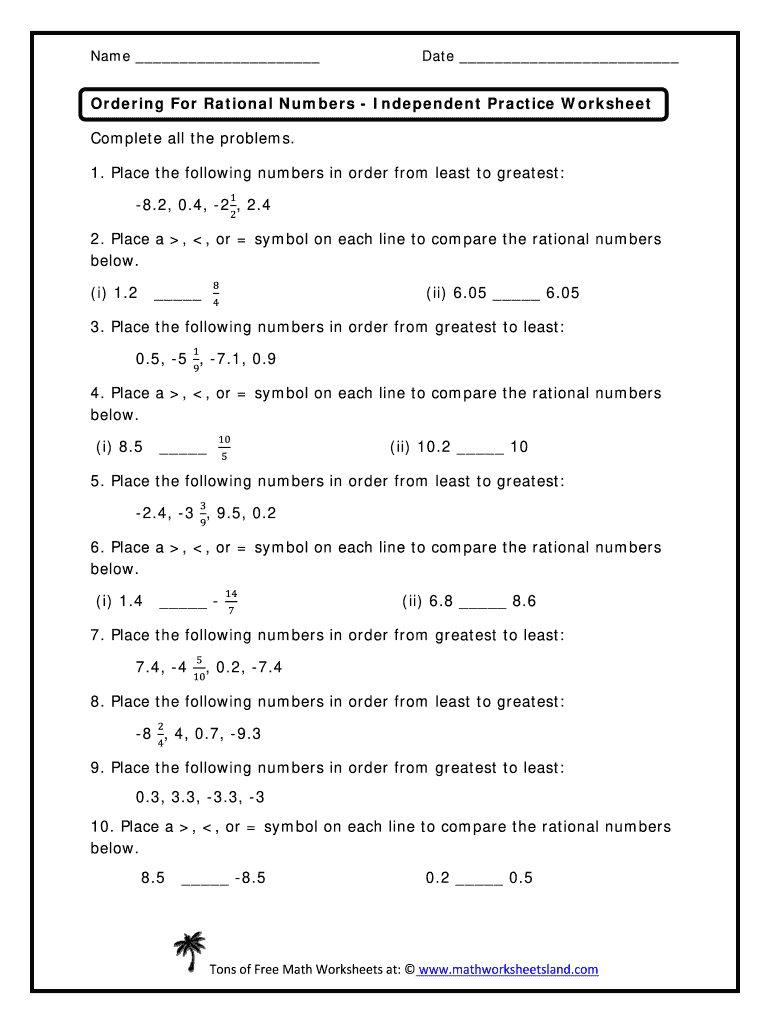 Comparing And Ordering Rational Numbers Worksheet With Answer Key