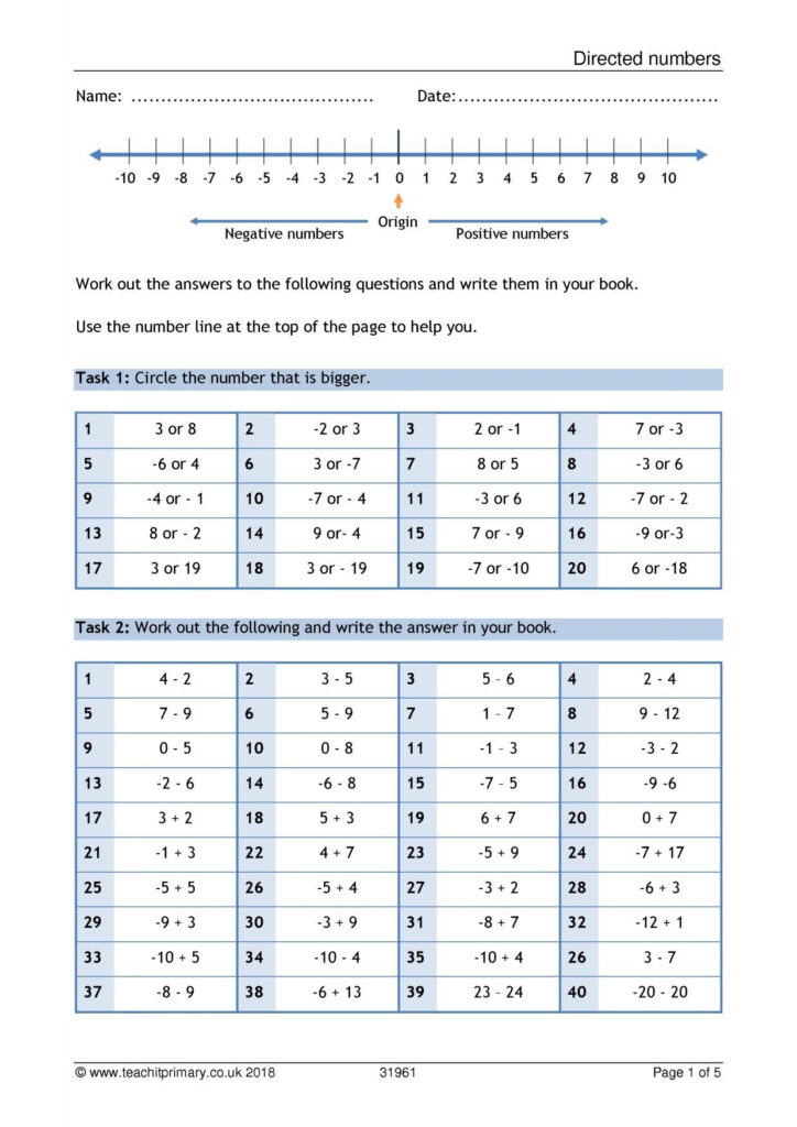 Directed Numbers Directed Numbers Negative Numbers Worksheet 