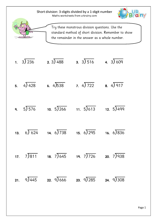 Divide 3 Digit Numbers By 1 Digit Division Maths Worksheets For Year 
