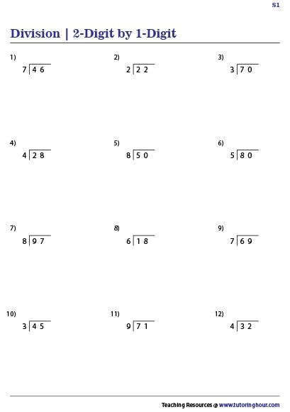 Dividing 2 Digit By 1 Digit Whole Numbers Worksheets Division 
