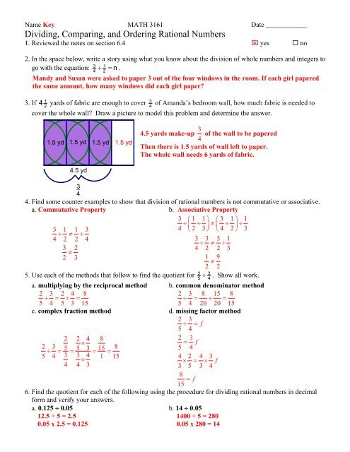 Dividing Comparing And Ordering Rational Numbers Worksheet
