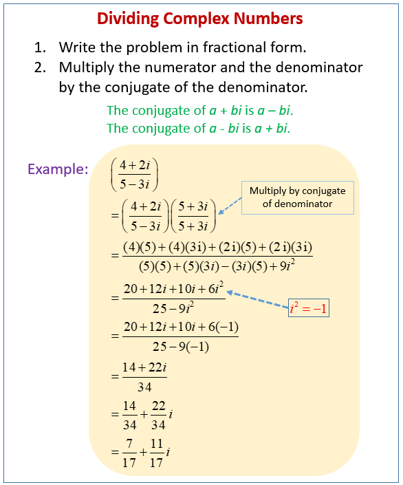 Dividing Complex Numbers solutions Examples Videos Worksheets 