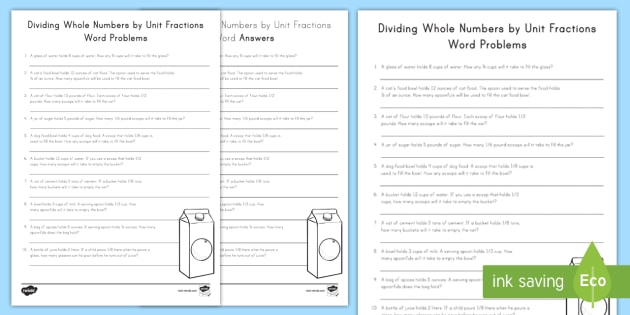 Dividing Whole Numbers By Fractions Word Problems Worksheet