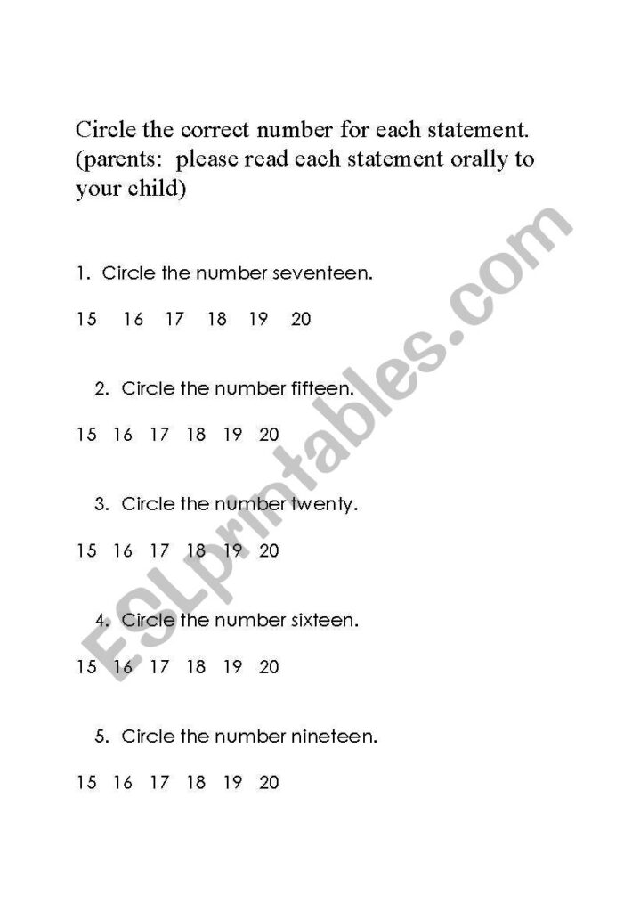 English Worksheets Identify Numbers 15 20