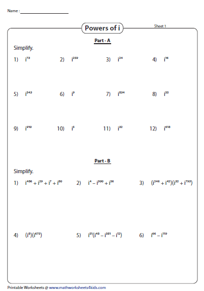 Evaluating Powers Of I Complex Numbers Number Worksheets Worksheets