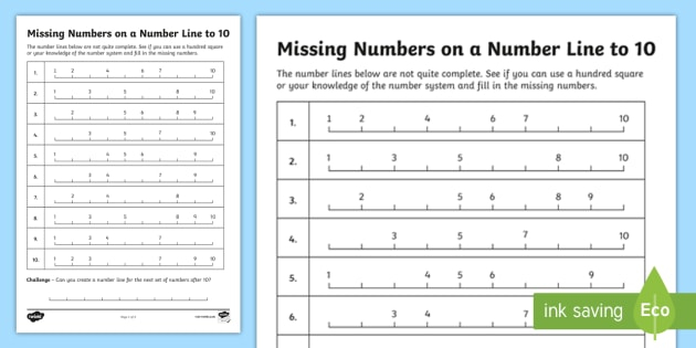 Filling In The Missing Numbers On A Number Line To 10 Worksheet